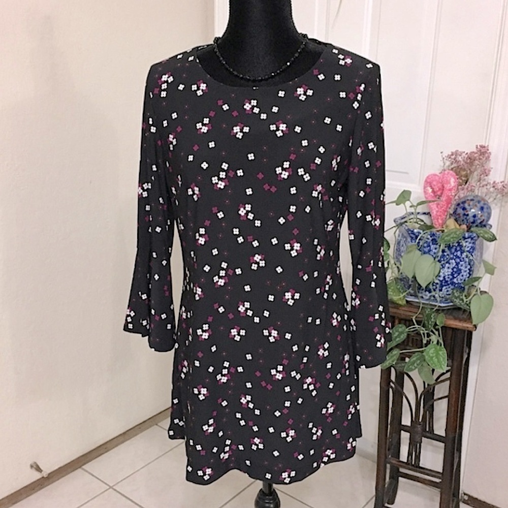 TOMMY HILFIGER Floral Black Jersey Bell Sleeve jersey sheath Dress womens size 6